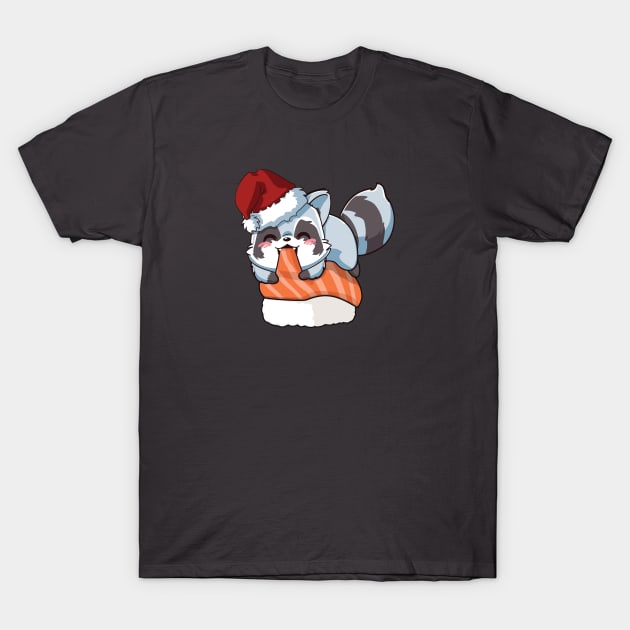 Racoon Salmon Sushi Christmas T-Shirt by Myanko